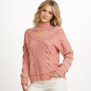 NAADAM Cable Knit Cutout Turtleneck Sweater Rose XS Oversized Alpaca Wool NWT